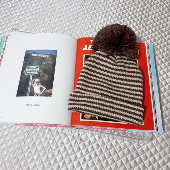 NWT Norla chocolate brown & camel tan striped beanie with knit thread pom pom - Picture 2 of 5